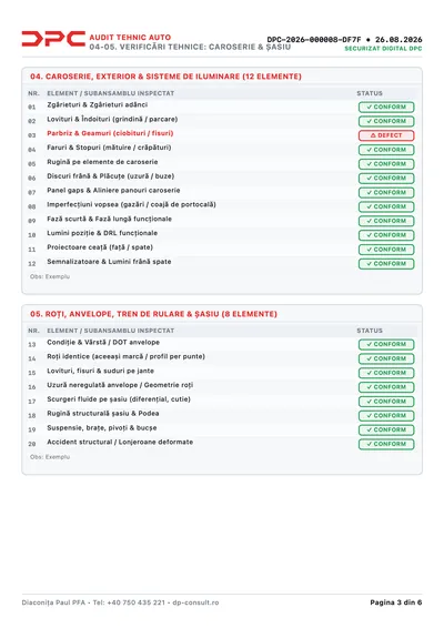 Exemplu raport audit auto DPC - Pagina 3: Verificare tehnică caroserie, integritate structurală șasiu, lonjeroane și tren de rulare